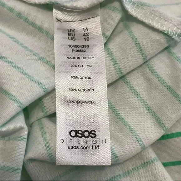 ASOS DESIGN bow front mini dress in green and white stripe puff sleeves Size 10 - Picture 9 of 10